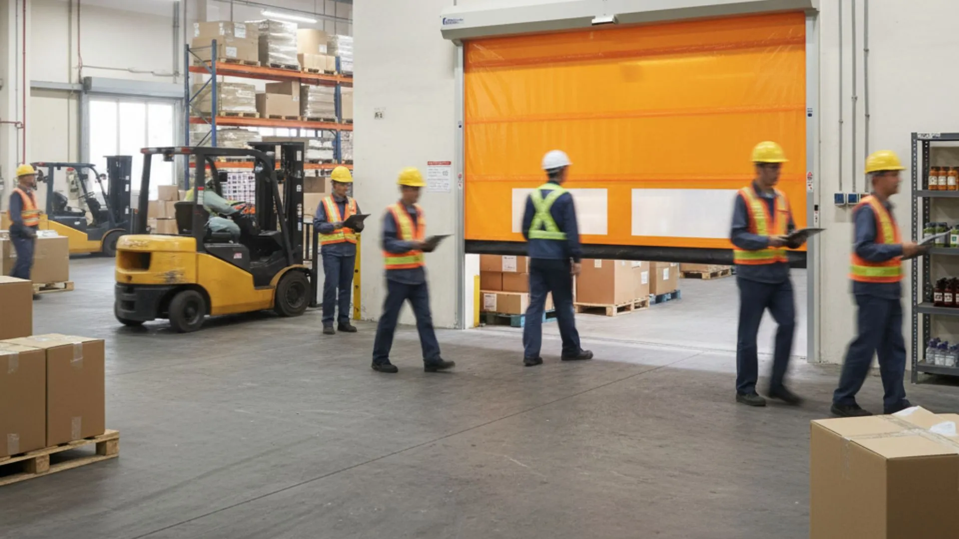 Shutter Door Monban sedang beroperasi di pabrik manufaktur dengan kecepatan yang luar biasa di jam kerja pabrik yang sibuk.