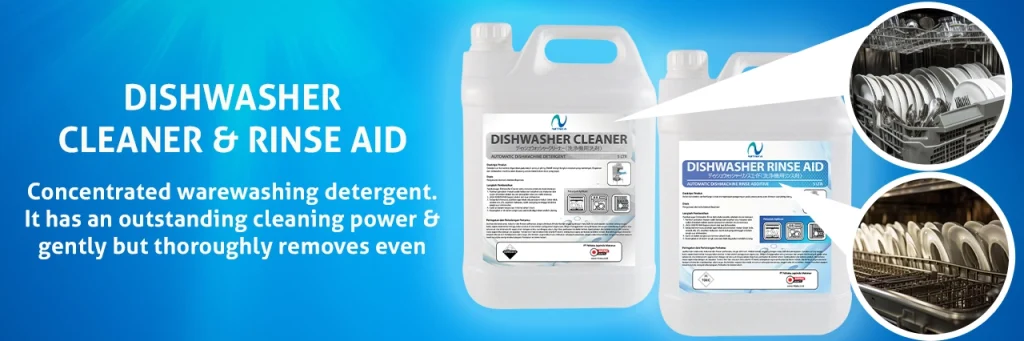 Solusi produk Dishwasher Cleaner dan Rinse Aid untuk kebersihan peralatan makan dapur yang padat.