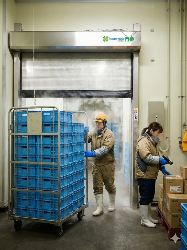 Pintu freezer cold storage Monban sedang beroperasi dengan dua karyawan operasional sedang bekerja.
