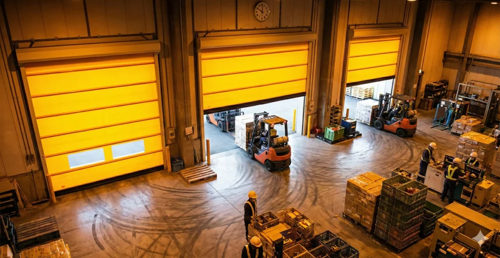 pintu industri monban sedang beroperasi dengan terdapat beberapa forklift yang sedang beroperasi