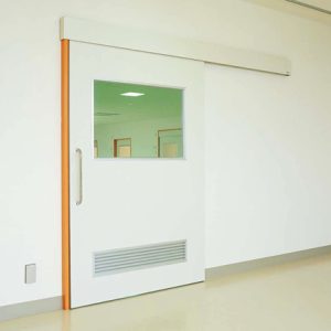 pintu sliding otomatis berwarna putih dan oranye dengan teknologi tertutup otomatis