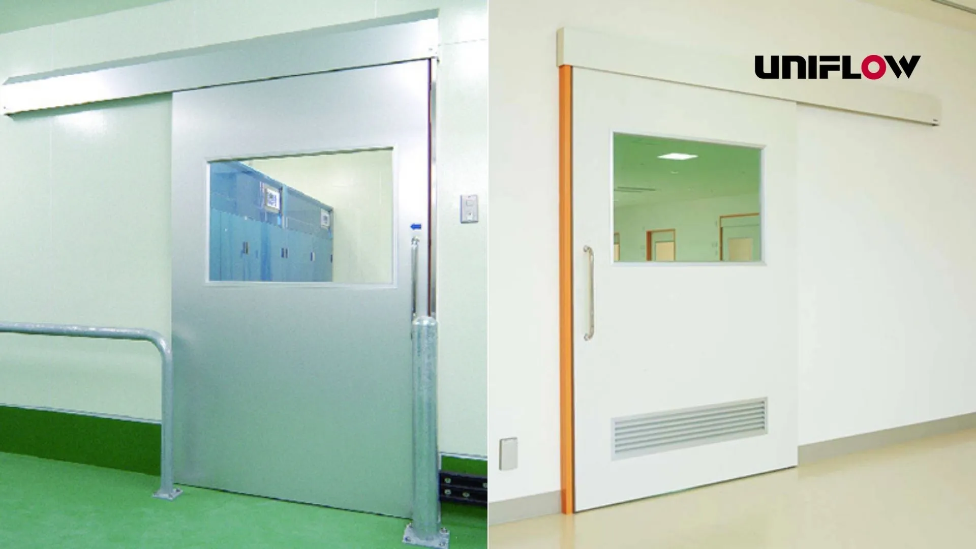 picture of sliding door, on the left is SL type which metallic color for the industrial needs, and the right one is white color for inside the hygiene room.