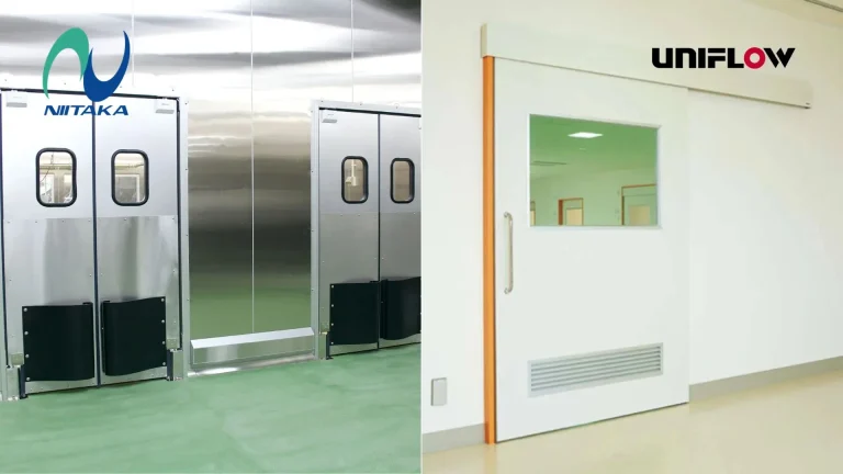 Pintu swing door Uniflow berwarna silver di sebelah kiri, dan Sliding door di sebellah kanan, dengan logo Niitaka di kiri dan Uniflow di kanan