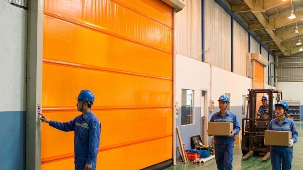 Beberapa karyawan sedang bekerja di area pabrik dan satu forklift yang ingin melintasi Monban PVC Roll Up berwarna oranye