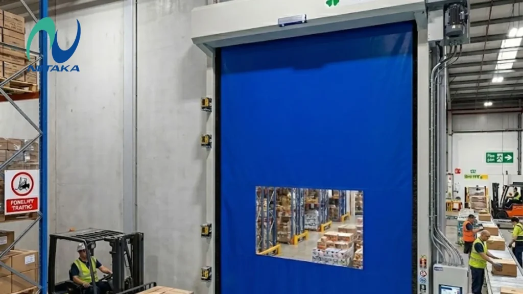blue colored monban warehouse automatic door with niitaka logo in the top left and employees with forklift around them