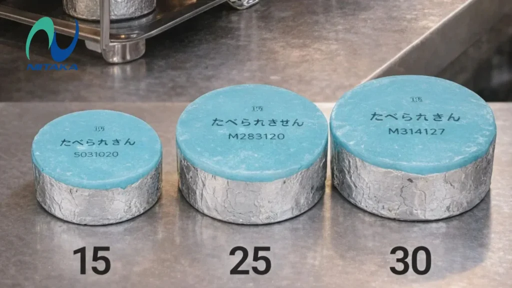 Solid fuel sizes variant; 15, 25, 30 grams with chafing dish buffet at the background