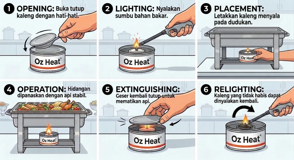 Langkah langkah menyalakan oz heat liquid fuel untuk chafing dish.