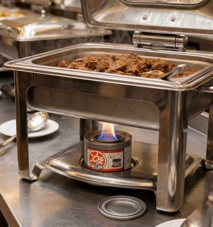 Pemanas Chafing Dish OZ Heat sedang memanaskan makanan rendang di acara pesta hotel bintang lima