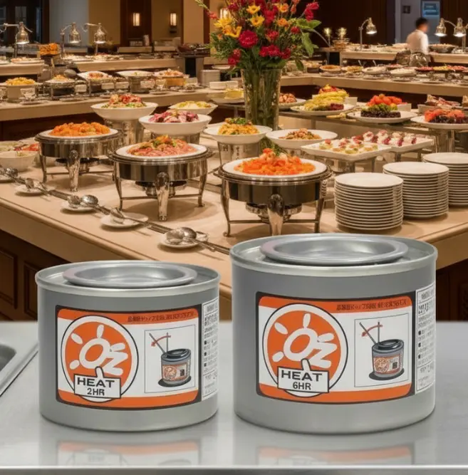 dua buah pemanas chafing dish oz heat varian durasi 2 jam dan durasi 6 jam dengan background jamuan prasmanan hotel bintang lima