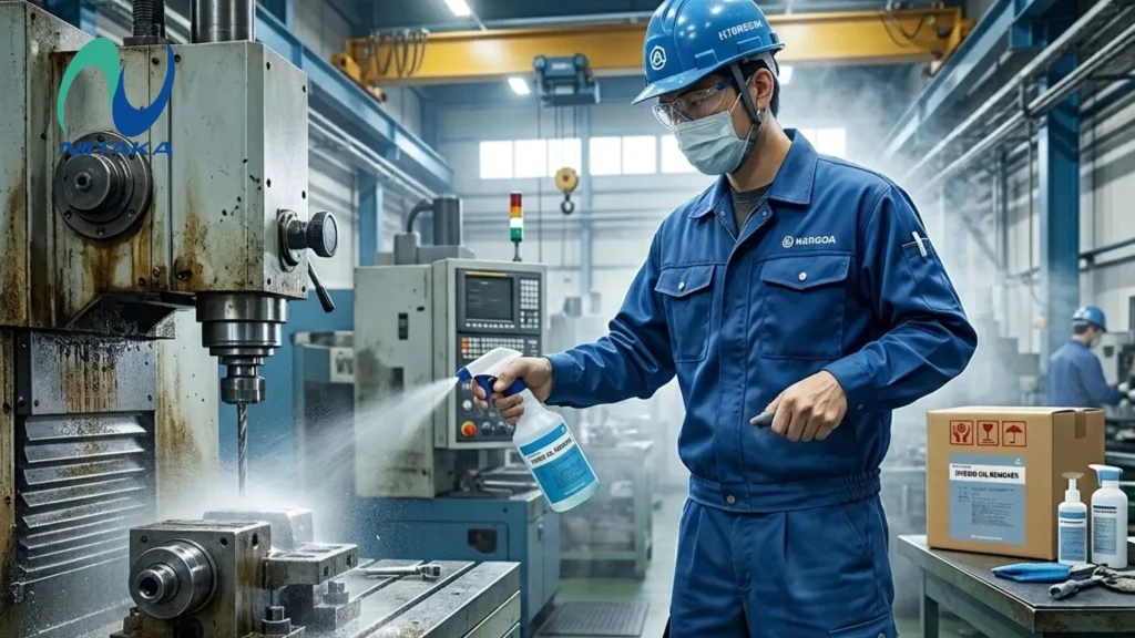 ilustrasi penggunaan hybrid oil remover niitaka untuk pembersihan alat pabrik