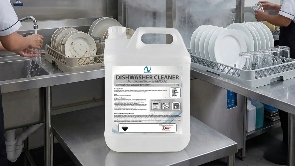 Produk Dishwasher cleaner produk Niitaka dengan latar dapur profesional dan mesin pencuci piring berwarna silver