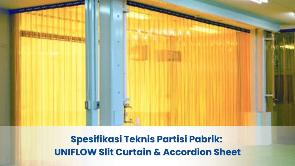 slit curtain pvc merk Uniflow berwarna oranye terpasang pada area pabrik