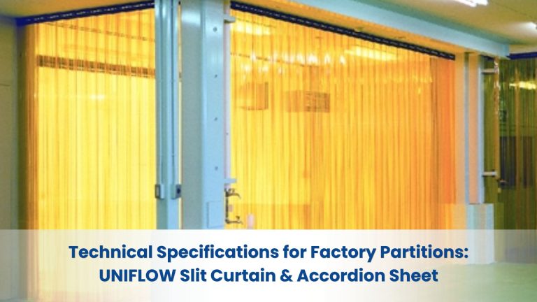 Uniflow Slit Curtain yellow colored as sectional part on the factory