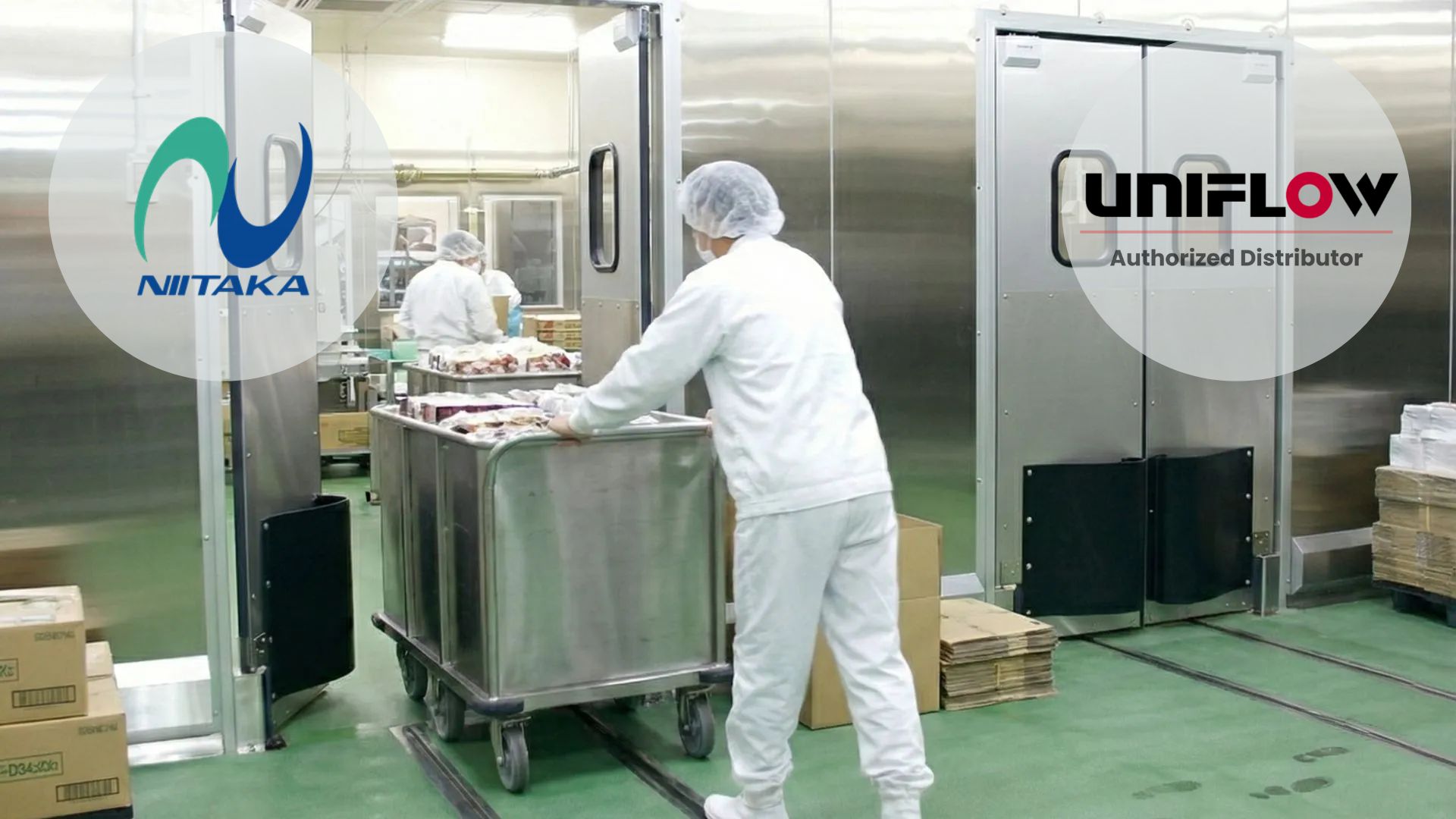 Uniflow swing door for processing area with strict hygiene SOP. Niitaka logo as the one authorize distributor of Uniflow Door