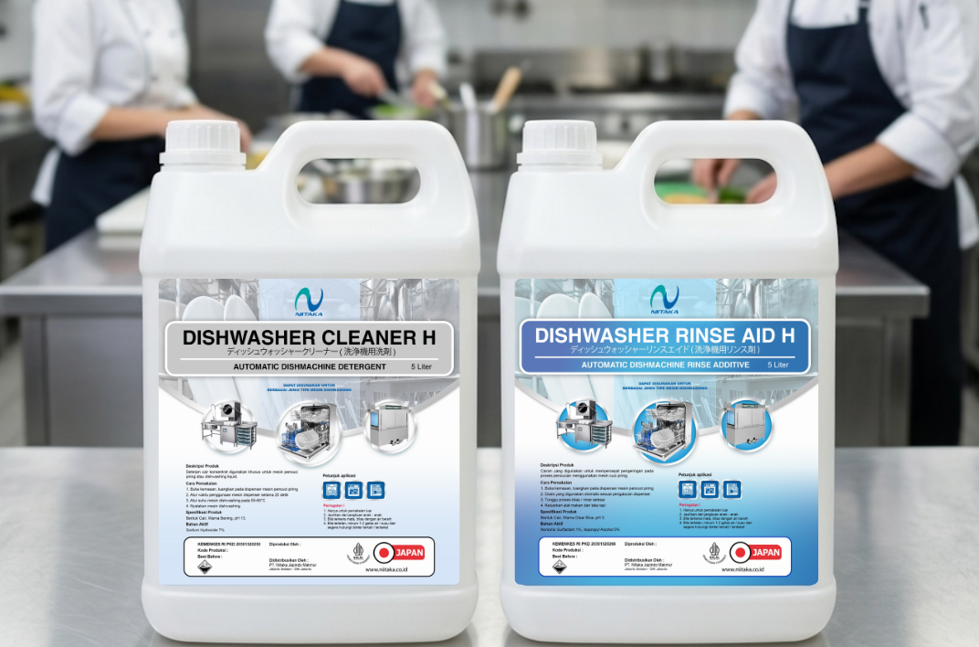 Dishwasher rinse aid dari Niitaka dengan latar dapur HORECA