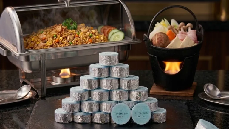 KAEN Chafing Burner dari Niitaka dengan dibelakangnya terdapat chafing dish berisi nasi goreng dan hotpot yang dihangatkan dengan KAEN