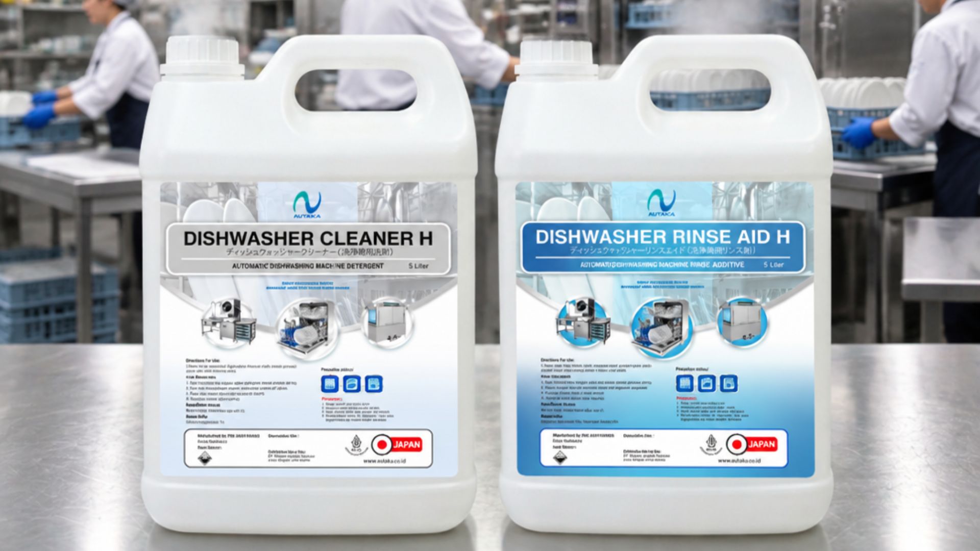 Produk dishwasher cleaner dan rinse aid sedang digunakan untuk membersihkan alat makan pelanggan restoran dengan mesin pencuci piring