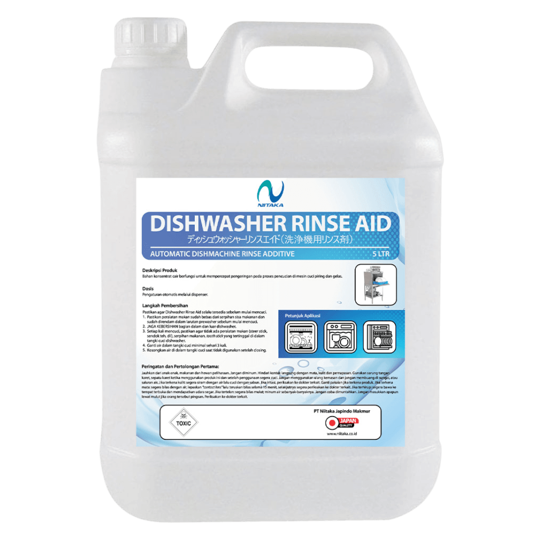 dishwasher rinse aid yang berfungsi untuk membilas alat makan supaya dapat langsung digunakan ke pelanggan